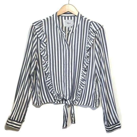 Rails Blue White Stripe Ruffle Tie Waist Long Sleeve Button Down Shirt M Chic - Picture 16 of 16